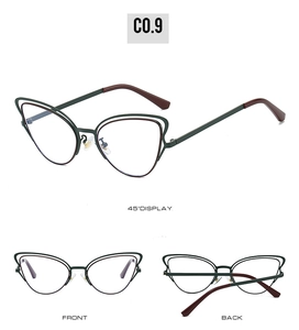 Three-view display of green cat eye metal glasses frames with retro double thin wire rims