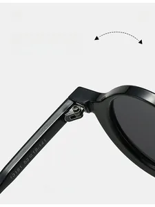 Detail shot of sturdy metal hinges and size specs 53-19-141 on black sunglass temples