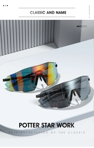 Detailansicht der Halbrahmen-Radbrille mit Regenbogen- und grauen Gläsern auf grauem Stativ