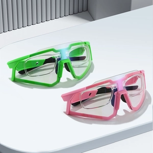 Fluorescent green and pink photochromic sports glasses with clear lenses and inner frames