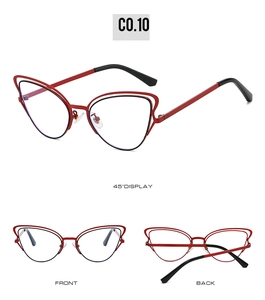 Three views of red cat-eye hollow metal frames with black temples and adjustable nose pads