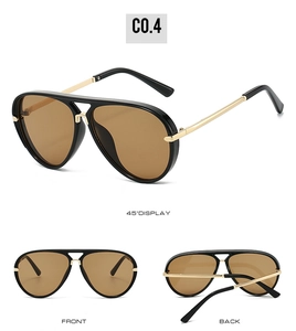 Multiple views of oversized aviator sunglasses with gold frames and amber lenses
