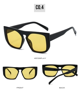 Three-way view of square black frame sunglasses with bright yellow tinted lenses