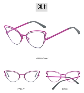 Three-angle view of rose red cat eye sunglasses with artistic hollow metal frame