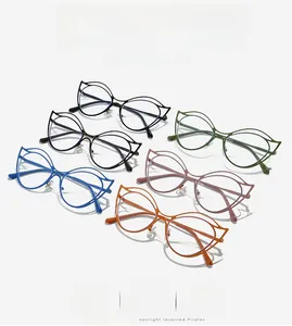 Detailed view of irregular metal double-bridge cat-eye frames in six diverse colors