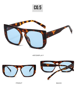 Detailed views of square tortoiseshell sunglasses with light blue lenses from multiple angles
