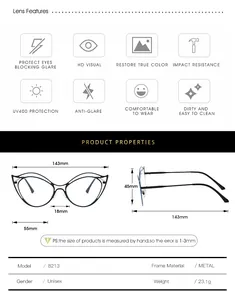 Detailed size chart for irregular metal double-bridge blue light glasses model 8213