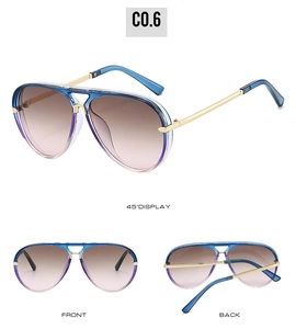 Three views of aviator sunglasses with gradient blue frames and gold metal temples