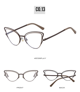 Three perspectives showing brown cat-ear metal frames and slender temples with dark tips