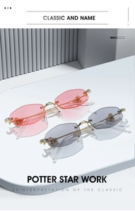Detail of luxury rimless sunglasses featuring crystal-encrusted gold leopard head hardware