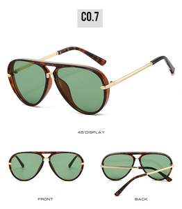 Multi-angle view of tortoiseshell aviator sunglasses with green lenses and gold temples