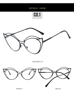 Detailed views of black cat-eye glasses with hollow double-layer metal frame design