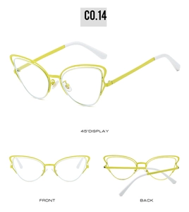 Detailed views of yellow cat eye sunglasses with double-layered metal frame and white tips