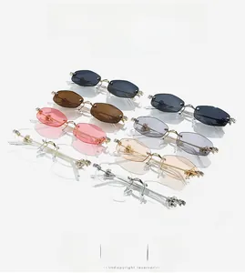 Detailed display of luxury rimless sunglasses in multiple colors with gold metal temples