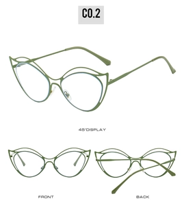 Detail view of olive green cat-eye glasses with hollow double-bridge metal frame design