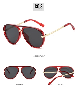 Red translucent pilot sunglasses with gold metal temples shown from multiple angles