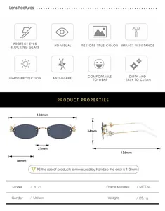 Detailed technical specification chart showing dimensions for rimless diamond sunglasses