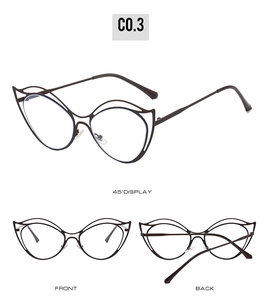 Detailed views of irregular cat-eye blue light blocking glasses with double-bridge metal frame