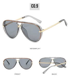 Three-way view of aviator sunglasses with transparent gray frames and orange trim detail