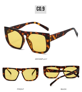 Detailed views of square oversized sunglasses with tortoise frames and yellow lenses
