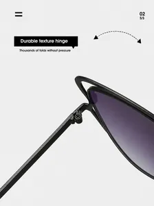 Close-up of durable metal hinges on oversized cat-eye sunglasses with purple gradient lens