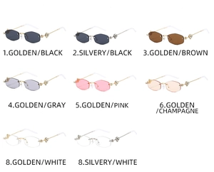 Detailed grid of rimless hexagonal sunglasses with diamond-encrusted floral hinges