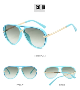 Three views of sky blue pilot sunglasses with gold metal temples and grey gradient lenses