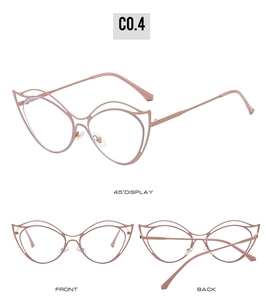 Detailed views of rose gold cat-eye glasses with hollow double-bridge metal frames