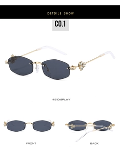 Detailed views of rimless hexagonal sunglasses with grey lenses and diamond flower accents