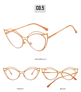 Detailed views of orange cat-eye eyewear frames with double beam and hollow-out design