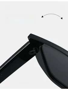 Detail of durable texture hinge and 140mm temple length on black square sunglasses