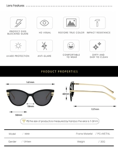 Detailed size chart and specifications of Cat-eye sunglasses model 8080 with PC metal frame