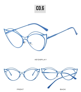 Detail of blue cat eye metal glasses frame with hollow double-beam design and sleek finish