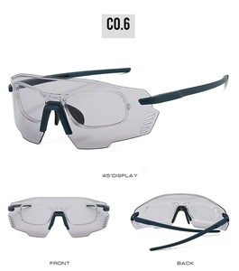 Drei Ansichten einer Sport-Radbrille mit blauem Rahmen und innerem Korrektureinsatz