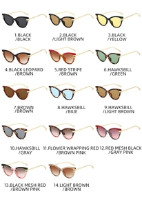 Detailed grid showing 14 vintage cat-eye sunglasses in various colors and patterns