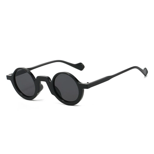Classic small round frame sunglasses in glossy black with dark grey protective lenses