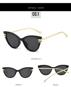 Three views of retro cat-eye sunglasses with black frames and slim gold metal temples