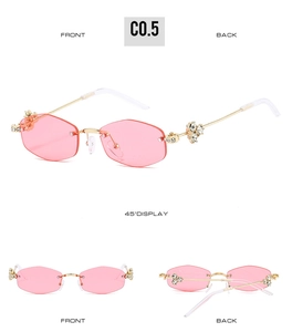 Detailed multi-angle view of rimless hexagonal sunglasses with diamond accents on gold frames