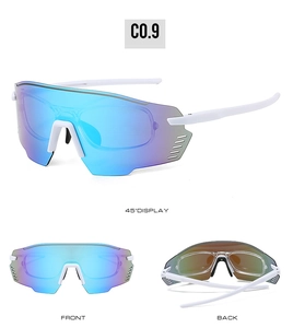 Detailsicht der weißen Radsportbrille mit blauer Linse und abnehmbarem Kurzsichtigkeitseinsatz