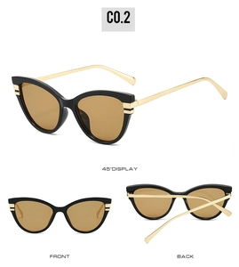 Multi-angle views of vintage cat-eye sunglasses with black frames and gold metal temples