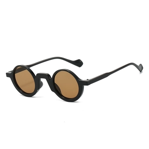 Retro round black frame sunglasses with brown lenses shown from a 45-degree angle