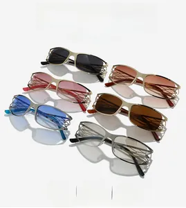 Detail of Y2K sunglasses collection featuring hollow geometric metal mesh temple design