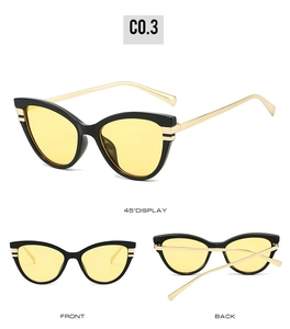 Detailed views of cat-eye sunglasses with yellow lenses and slim gold metal temples