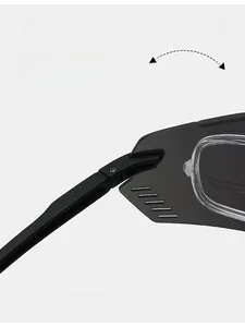 Detailaufnahme der verstärkten Scharniere einer mattschwarzen Radsport-Sonnenbrille