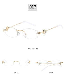 Three-view detail of rimless sunglasses with floral crystal accents and golden metal temples