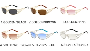 Group display of hollow metal Y2K sunglasses with colorful lenses and stylish frames