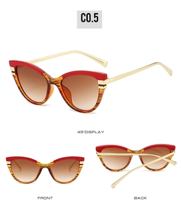 Detailed multi-angle views of cat-eye sunglasses with red amber frames and gold metal temples