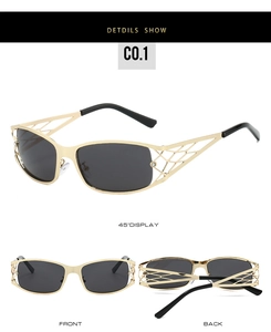 Detailed multi-angle views of Y2K hollow metal frame sunglasses with dark lenses