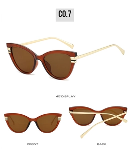 Three-view detail of vintage cat eye sunglasses with brown frames and gold metal temples