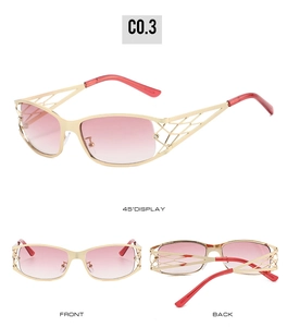 Three views of gold Y2K sunglasses with hollow mesh metal frame and pink gradient lenses